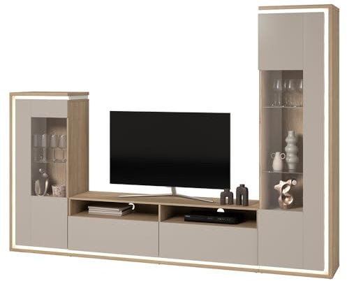Lomadox Wohnwand Wohnmöbel Eiche Kaschmir 3-teilig Modern, 2 Vitrinen, 1 Lowboard