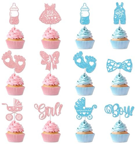 Cupcake Toppers, 24 Pack Boy or Girl Cupcake Toppers Gender Reveal Cupcake Picks Glitter Onesie Jumpsuit Cake Toppers Bow Tie Cake Decorations
