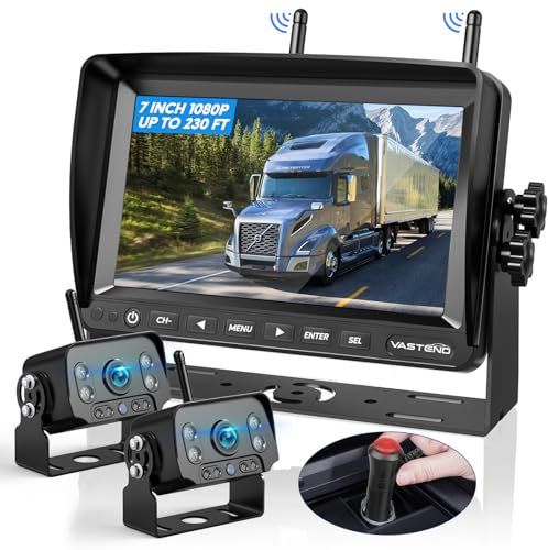 VASTEND Rückfahrkamera Kabellos, 7 Zoll Monitor Drahtlose Rückfahrkamer, 1080P Rückfahrkamera Funk mit IP69 Wasserdichter, Stabiles Signal, für Wohnwagen, LKW, Auto, Wohnmobil(2 Kamera)