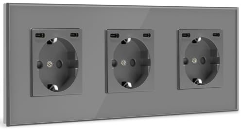 BSEED Steckdose mit USB C(5 V 2.1A),Unterputz Steckdose (Typ C und Typ C),16A 250V 3 Fach Wandsteckdose,2*USB C Einbausteckdose Geeignet für Phone,Pad-228mm*86mm,Grau