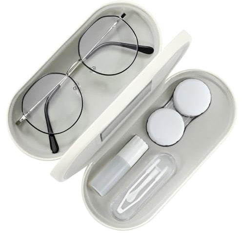 MoKo Double Eyeglass Case, Contact Lens Case with Mirror Tweezers Remover, 2 in 1 Double Sided Portable Contact Lens Box Holder Container Soak Storage Kit Sunglasses Pouch for Men & Women, Beige