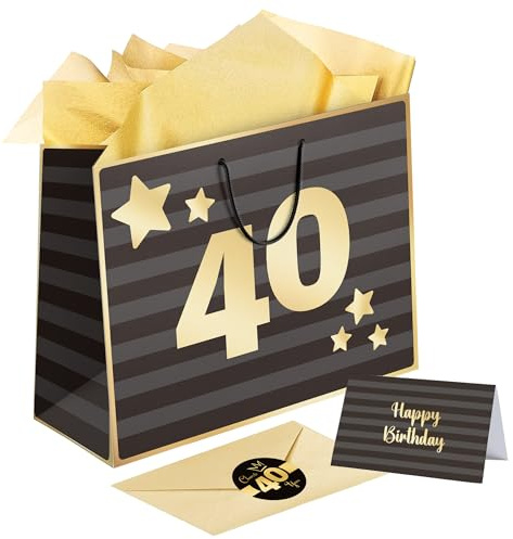Sumerk Großes Geschenktüten-Set, Geschenktüte zum 40. Geburtstag, 3 Stück goldenes Seidenpapier, 2 Stück Aufkleber zum 40., Geburtstagskarte mit Umschlag