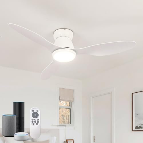ycwdcz Smart Ceiling Fans with Lights Compatible with Alexa, 42″ Ceiling Fan with Lamp Quiet, Led Dimmable, 3000lm, Reversible 6 Speed, for Bedroom, Kitchen, Living Room, Lounge, White