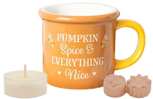 Pumpkin Spice Mug Autumn Halloween Ceramic Oil Burner Wax Melter Starter Gift Set with Two Assorted Highly Scented Soy Wax Melts and One Unscented Soy Wax Tealight Candle