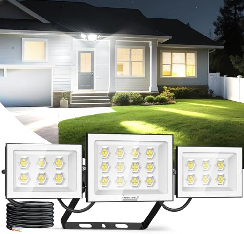 Viugreum 100w LED Strahler, 10000 LM led strahler außen, 6500K Drei-Kopf flutlichtstrahler außen, IP66 aussenstrahler led wasserdicht, 96 Wabenlampenperlen außenstrahle für Garage, Hof, Garten