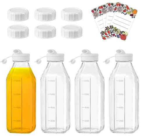 LUPATDY Juego de 4 Botes Cristal 1 Litro, Botellas de Cristal con Tapa, Botella con Boquilla de Silicona, Botella de Vidrio para Jugo,Jugo de Jengibre,Wellness Shot