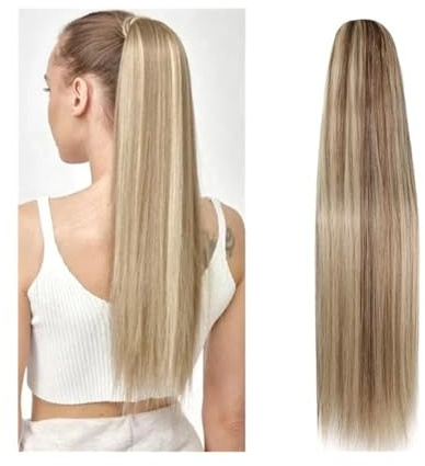P8/613 Extension for coda di cavallo con meches bionde, lunghezza 16-26 pollici, veri capelli umani, coulisse e lisci(22inches)