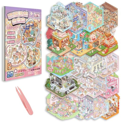Vicloon 20 Sets 3D Szenen Stickerbuch Relief Stress mit 1 Pinzetten | 26 PET Sticker, 20 Mminiatur Haus, Ungiftiges, Wiederverwendbar, für Geburtstage, Weihnachten und diverse Feiertage