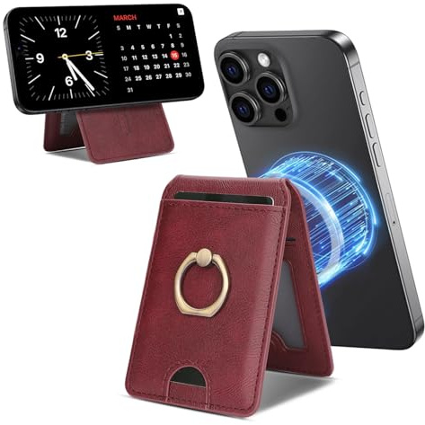 YNlinuofg Ultra-thin magnetic card holder with a rotating stand (Claret) | 5-card slot design, premium PU leather, flexible ring, multiple stand modes, the perfect companion for your phone case