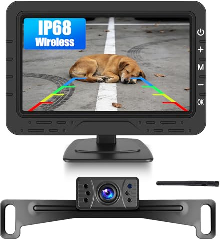 Wireless Backup Camera Monitor for Car 4.3 Inch Reverse Rear View Cameras Large Wide Angle IP68 Waterproof Parking Kit for Car Van Caravan Motorhome IP68 Waterproof with License Plate Backup