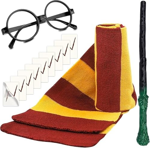 Disfraz Mago Adulto y Niño – Kit Accesorios con Varita Bufanda a Rayas, Gafas Redondas sin Cristales y 12 Tatuajes Rayo – Complementos Carnaval, Halloween y Cosplay Hechicero