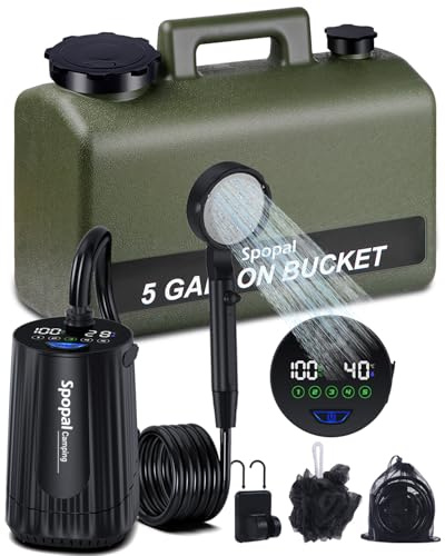 Spopal Douche Portable,20L,IPX8 Étanche,Kit Douche Camping avec Seau | Robuste,Durable,10000mAh,Charge Type-C,5 Vitesses,Écran Intelligent,pour Bain des Animaux,Camping et Voyages