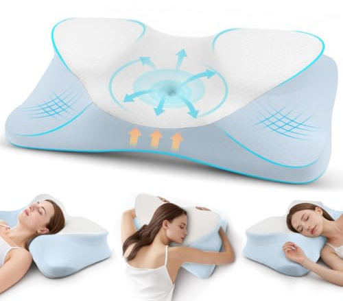 Feagar Nackenstützkissen Ergonomisch aus Memory-Schaum, mit Armauflage | 2 Höhen 11.5/9.5cm, Hohlraum-Design, Kühlbezug, Ergonomisches Kopfkissen für Seiten-, Rücken- & Bauchschläfer (66x36cm), Blau