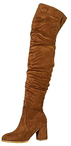 Generico Stivali Lunghi Donna alla Moda con Tacco Spesso in Pelle Scamosciata Pieghettati sopra il Ginocchio (Brown, 40)