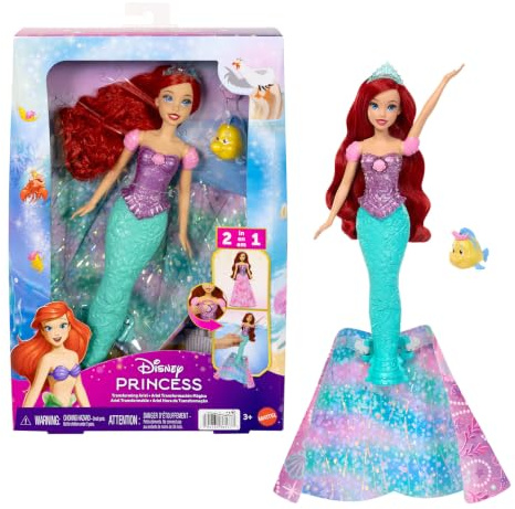 Mattel Disney Princess Arielle, Verwandlungspuppe Mensch zu Meerjungfrau | Bewegliche Modepuppe mit Tiara und langem Haar, Flunder-Tierfigur mit Tiara, inspiriert vom Disney Film, JLK19