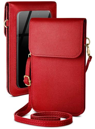 moex Handytasche zum Umhängen für iPhone 17 Pro Max kleine Handtasche mit Handyfach und Sichtfenster, 2 extra Fächer Mini PU Leder Handy Umhängetasche Damen CitySling, Rot