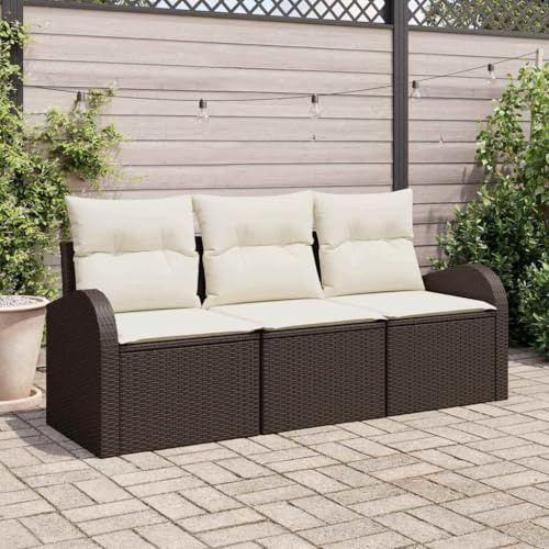 Runheo Garten-Sofa-Set mit Kissen, 3-teilig, Braun-Weiß, Poly Rattan, modulares Design, UV-beständig, wetterfest, für Terrasse und Balkon, strapazierfähig