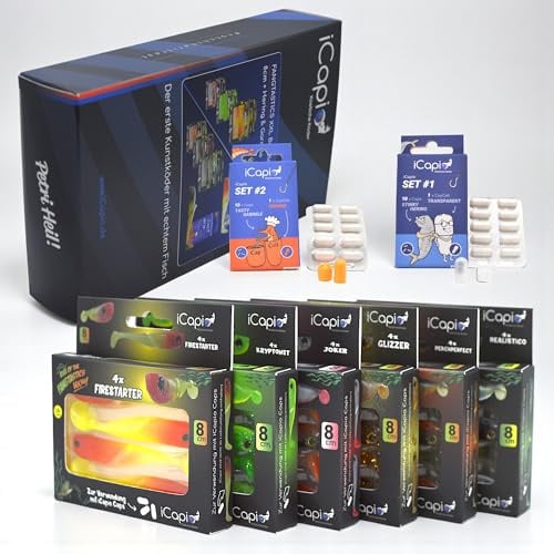 iCapio Fangtastic Bundle XXL 8 cm Aktivköder-Set für Raubfischangeln | 24 Gummifische + 20 Aktivköder-Caps mit echtem Fischduft – für Barsch, Hecht & Zander