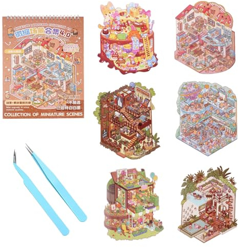 wocpvm 6 Sätze 3D Haus Aufkleber Szene Kit DIY Miniatur Haus Book Sticker | 3D Miniature Scene Stickers 2 Pinzetten, Enthält Supermarkt, Party, Restaurant und Weitere Szenen