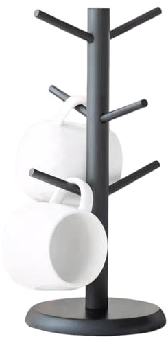 Hilai Mug Holder with 6 Mugs Hooks, 13.5x6 Inch Coffee Mug Tree Holder with Sturdy Base Bamboo Cup and Saucer Display Stand Rack for Restaurant Office Kitchen Counter