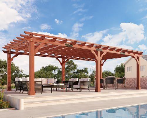 Jocisland 12x24 FT Premium Cedar Wood Pergola with Trellis Roof & Stakes
