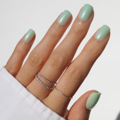 Glamnetic Press On Nails - Honeydewy | Short Squoval Fake Nails in Mint Green with Glazed Finish, Salon Quality | 15 Sizes - 30 Nail Kit with Glue
