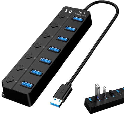 7-Port Powered USB Hub 3.0, USB Multiport Adapter with Individual Power Switches and LED Lights, High-Speed Data Extension Splitter for PC, Macbook, Laptop, Flash Drives, Mobile HDD