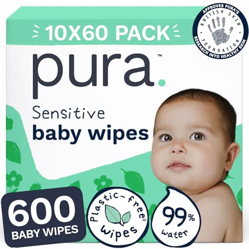Pura Baby Wipes 600 Count Sensitive Skin | 99% Water, 3-Layer Moisture Release, 100% Plastic Free*, Organic Aloe Vera, Newborn Safe