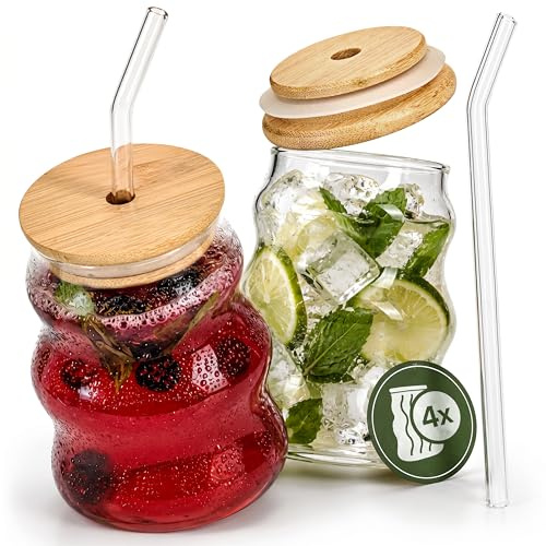 Velvet & Vine Trinkgläser Set, 4er Pack, Glas mit Bambusdeckel und Glasstrohhalmen, Stilvolles Premium Design (500ml)