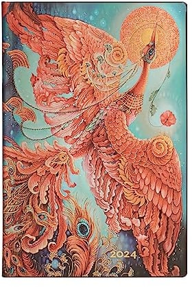 Paperblanks Flexi 12-Monatskalender 2024 Feuervogel, Vertikal - Mini (140 x 95), Deutsch