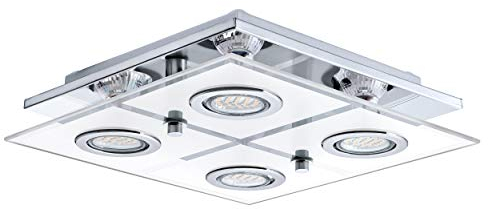 EGLO LED Deckenlampe Cabo, 4 flammige Deckenleuchte, Deckenstrahler aus Edelstahl und satiniertem Glas, Wohnzimmerlampe in Chrom, Weiß, Klar, Küchenlampe, Flurlampe Decke mit GU10 Fassung, L x B 29 cm