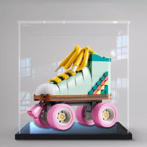 Acryl-Vitrine für Lego 31148 Vintage Rollschuh-Modell, staubdichte, transparente Sammlungsvitrine (nur Displaybox) (schwarzer Sockel)