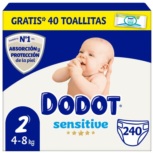 Dodot Pañales Bebé Sensitive, Talla 2 (4-8 kg), 240 Pañales + Regalo de 40 Toallitas Aqua Pure 99% Agua, Hasta 12 h De Protección Antifugas y Cuidado de la Piel, Pack Mensual