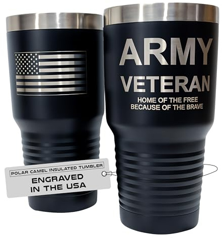 United States Army Veteran Travel Cup-Mug for Men & Women, Polar Camel Black 30 oz. Vacuum Insulated Stainless Steel Tumbler with Clear Lid, Stainless Steel Straw, and Straw Cleaner