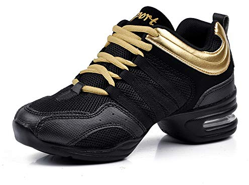 PADGENE Damen-Tanzschuhe mit weicher Satinsohle, hohe Absätze, Tanzschuhe für Jazz/Latein/National Mark/Rumba/Cha Cha, S, Gold, Schwarz, 40 EU