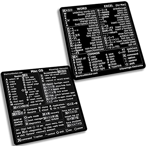 SYNERLOGIC (1 Set) Mac OS (M/Intel) + Word/Excel (for Mac) Quick Reference Keyboard Shortcut Stickers - for MacBook Air/Pro/iMac/Mac/Mini (Black, 1 Set)