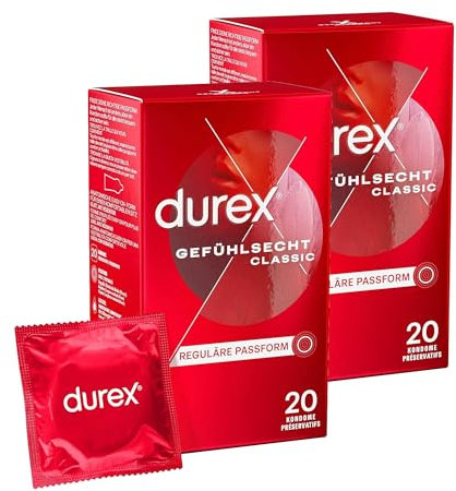Durex Gefühlsecht Classic Kondome – 40 Hauchzarte Kondome für intensives Empfinden und innige Zweisamkeit - 2 x 20 Stück