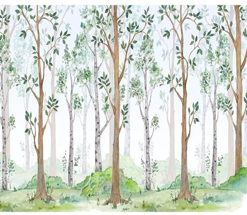 decomonkey Fototapete Kinderzimmer Wald 450x315 cm Tapete Fototapeten Vlies Tapeten Vliestapete Wandtapete Moderne Wand Wandbild Schlafzimmer Wohnzimmer Bäume Skandinavisch Mädchen Zeichnung Grün