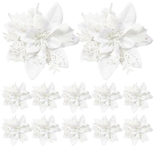 NIDONE Christmas Poinsettia Artificial Flowers - 12Pcs 5.5In Double-Layered White Shinning Sparkled Tree Decorations