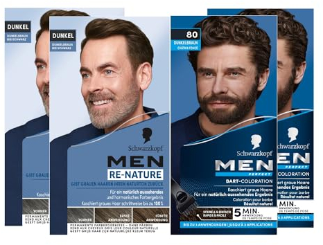 Men Perfect Bart-Coloration 80 Natur Schwarz-Braun Stufe 2 (2x 30 ml) Kaschieren grauer Haare & Men Re-Nature Dunkelbraun bis Schwarz (2x 145 ml), Re-Pigmentierungs-Creme
