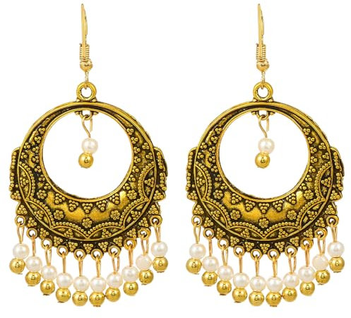 CPJJ 1 Paar böhmische geschnitzte durchbrochene Reisperlen-Ohrringe,Vintage lange Gold Fransen Ohrringe geeignet,Ohrringe Gold für Frauen und Mädchen