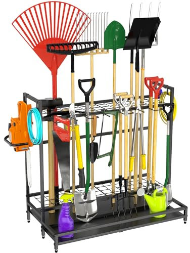 VGMiu Garden Tool Rack Organizer for Garage Yard Tool Storage, Garden Tools Storage for Organization Black Metal Gardens Tools Holder for Yard Shed Garage