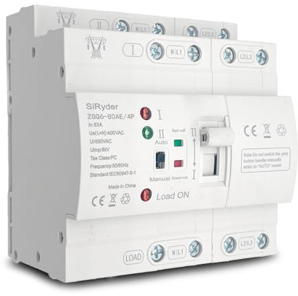 SiRyder Interruptor de Transferencia AutomáTico,ATS 4P 63A Din Riel Dual Power Automatic Change-over Switch Selector EléCtrico 220V Interruptor De Corriente De Emergencia
