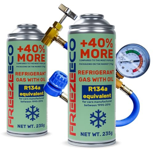 FREEZEECO réfrigérant de remplacement r134a pour climatisation automobile -2 boîtes 2en1, 235g + conduite de pression avec manomètre