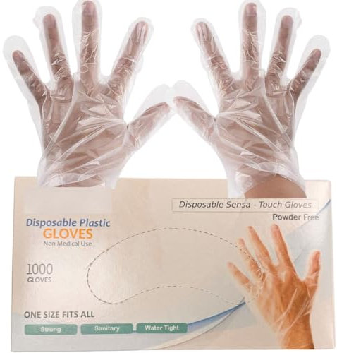 1000 x Disposable Polythene, PE, Plastic Gloves for Food handling, Cleaning, Cooking, Food Counters, Crafting, Hair Dye, Sanitary, Multipurpose, Powder Free One Size Fits Most Box of (1000, Clear)