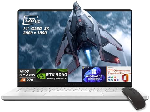 ASUS ROG Zephyrus G14 14 OLED 3K 120Hz 500nits AI Gaming Laptop, AMD Ryzen 9 270, RTX 5060 8GB, Win11Pro Office Lifetime License, 64GB LPDDR5X RAM 1TB SSD, WiFi7, retroilluminato KB, bianco, w/mouse