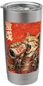 Vintage Japanese Samurai Cat Energy Drink Ukiyo-E Graphic Stainless Steel Insulated Tumbler