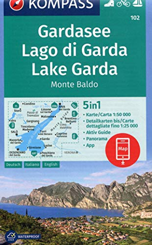 KOMPASS Wanderkarte Gardasee, Lago di Garda, Lake Garda, Monte Baldo: 5in1 Wanderkarte 1:50000 mit Panorama, Aktiv Guide und Detailkarten inklusive ... Segeln. (KOMPASS-Wanderkarten, Band 102)