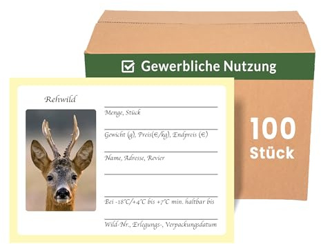 Wildbret Etiketten Rehwild 100 Stück für gewerblichen Wildverkauf 85x50mm | haftet direkt auf tiefgefrorenen Packungen, mit Kugelschreiber beschreibbar, integrierte Wildarten Fotos, schnelle Zuordnung