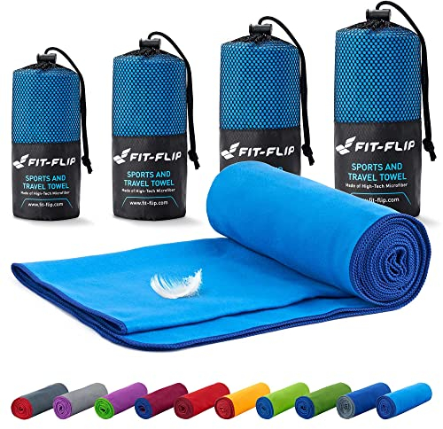Fit-Flip Mikrofaser Handtuch - kompakt, leicht und schnelltrocknend - Microfaser Handtücher - als Reisehandtuch, Sporthandtuch, Strandtuch und Badetuch groß (100x200cm, Blau mit Dunkelblauen Rand)
